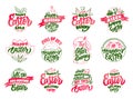 Set of vintage Happy Easter emblems and stamps. Green badges, stickers on white background