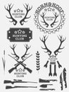 Set of vintage hunting logo, labels and badges. Deer. Horn. Weapon. Vector Royalty Free Stock Photo