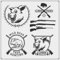 Set of vintage hunting wild boar labels, badges, emblems and design elements. Print desigr for hunt club t-shirt. Royalty Free Stock Photo