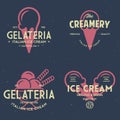 Set of vintage ice cream shop logo badges and labels, gelateria signs. Retro logotypes for cafeteria or bar Royalty Free Stock Photo