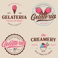 Set of vintage ice cream shop logo badges and labels, gelateria signs. Retro logotypes for cafeteria or bar Royalty Free Stock Photo