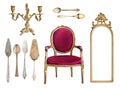 Set of 9 vintage items isolated on white background. Red chair, mirror frame, candelabrum, cutlery, spoons, forks, cake shovels Royalty Free Stock Photo