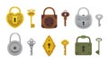 Set of vintage keys and locks. Vector illustration cartoon padlock. Secret, mystery or safe icon. Royalty Free Stock Photo