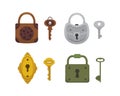 Set of vintage keys and locks. Vector illustration cartoon padlock. Secret, mystery or safe icon. Royalty Free Stock Photo