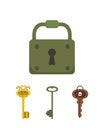 Set of vintage keys and locks. Vector illustration cartoon padlock. Secret, mystery or safe icon. Royalty Free Stock Photo