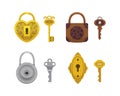 Set of vintage keys and locks. Vector illustration cartoon padlock. Secret, mystery or safe icon. Royalty Free Stock Photo