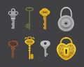Set of vintage keys and locks. Vector illustration cartoon padlock. Secret, mystery or safe icon. Royalty Free Stock Photo