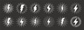 Set of vintage lightning bolts and sun rays. Lightnings with sunburst effect. Thunderbolt, electric shock sign. Vector