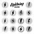 Set of vintage lightning bolts and sunrays on grunge background. Lightnings with sunburst effect. Thunderbolt, electric Royalty Free Stock Photo