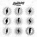 Set of vintage lightning bolts and sunrays on grunge background. Lightnings with sunburst effect. Thunderbolt, electric Royalty Free Stock Photo