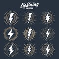 Set of vintage lightning bolts and sunrays. Lightnings with sunburst effect. Thunderbolt, electric shock sign. Vector