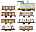 Set of vintage locomotive and cars isolated on white Royalty Free Stock Photo