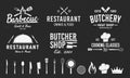 Set of 6 Vintage logos and 14 design elements for logo, emblem. Restaurant business. Butchery, Barbecue, Restaurant emblems templa Royalty Free Stock Photo