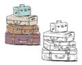Set of vintage luggage bags, vector line art. Line drawing and color illustrations