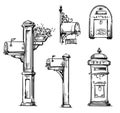 Set of vintage mailboxes, post mounted mailbox vector sketch