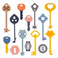 Set of vintage and modern keys and keyholes.