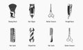 Set of vintage monochrome barbershop tools and items. Shaving and hairdressing icons. Shaving brush, hair clipper, barber scissors Royalty Free Stock Photo