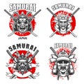 Set of vintage monochrome illustrations of samurai helmets and crossed swords. Design element for logo, label, sign