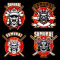 Set of vintage monochrome illustrations of samurai helmets and crossed swords. Design element for logo, label, sign Royalty Free Stock Photo