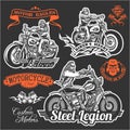 Set of Vintage motorcycle t-shirt prints, emblems, labels, badges and logos. Monochrome style. Royalty Free Stock Photo