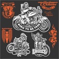 Set of Vintage motorcycle t-shirt prints, emblems, labels, badges and logos. Monochrome style. Royalty Free Stock Photo