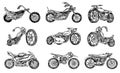 Set of Vintage motorcycles. Collection of bicycles. Extreme Biker Transport. Retro Old Style. Hand drawn Engraved