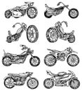 Set of Vintage motorcycles. Collection of bicycles. Extreme Biker Transport. Retro Old Style. Hand drawn Engraved