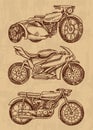 Set of Vintage motorcycles. Collection of bicycles. Extreme Biker Transport. Retro Old Style. Hand drawn Engraved