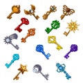 Set of vintage multicolored keys isolated on white background. Vector cartoon close-up illustration. Royalty Free Stock Photo