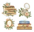 Watercolor set with vintage old-fashioned accessories, objects collection and flowers Royalty Free Stock Photo