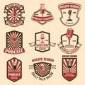 Set of vintage podcast, radio emblems with microphone. Design element for logo, label, sign, badge, poster