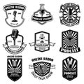 Set of vintage podcast, radio emblems with microphone. Design element for logo, label, sign, badge, poster