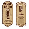 Set of vintage podcast, radio flyers with microphone. Design element for logo, label, sign, badge, poster