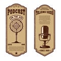 Set of vintage podcast, radio flyers with microphone. Design element for logo, label, sign, badge, poster