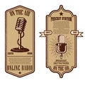 Set of vintage podcast, radio flyers with microphone. Design element for logo, label, sign, badge, poster