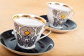 Set Of Vintage Porcelain China Cup On Wooden Table