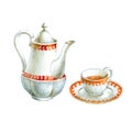 Set of vintage porcelain tableware: teapot, cup and saucer, watercolor hand painted illustration Royalty Free Stock Photo
