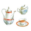 Set of vintage porcelain tableware, watercolor hand painted illustration Royalty Free Stock Photo