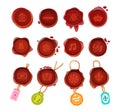 Set of vintage red wax seals, with logos, icons, pictograms.