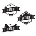 Set of vintage retro badge template with landscape outdoor nature, mountain, field, and city background