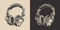 Set of vintage retro engraving stereo studio headphones. Can be used like emblem, logo, or print. Monochrome Graphic Art. Vector. Royalty Free Stock Photo