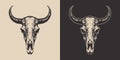 Set of vintage retro scary spooky cow bull skull head skeleton. Cowboy Native American. Can be used like emblem, logo. Monochrome