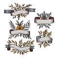 Set of vintage ribbon banner scroll with leaves. Vector elements collection Royalty Free Stock Photo