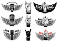 Set of vintage rock music fest emblems. Hand with Rock and roll sign with wings. Design element for logo, label, sign, poster, t s Royalty Free Stock Photo