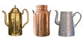 Set of vintage rustic objects. Brass Kettle, Copper Milk Can and Aluminum Kettle. Isolated on white background Royalty Free Stock Photo