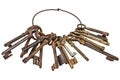 Set of vintage rusty keys on a ring isolated on white Royalty Free Stock Photo