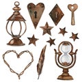 Set of vintage rusty metal bronze elements. Stars, lantern, hourglass, kerosene lamp, key, keyhole, feather and heart.