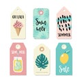 Set of vintage sale and gift tags and labels. Summer tropical design with drink in mason jar, ice cream and palm leaves Royalty Free Stock Photo