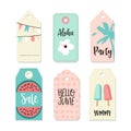 Set of vintage sale and gift tags and labels. Summer tropical design with palm, watermelon, and popsicles. Isolated Royalty Free Stock Photo