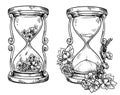 Set of 2 vintage sand hourglasses with flowers vector drawing